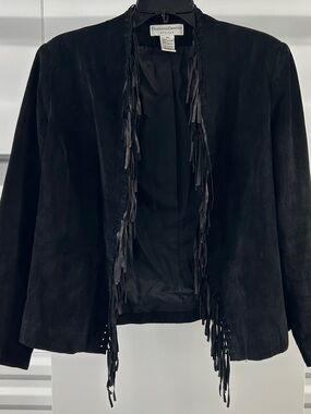 Black Suede Fringe Open-Front Leather Jacket